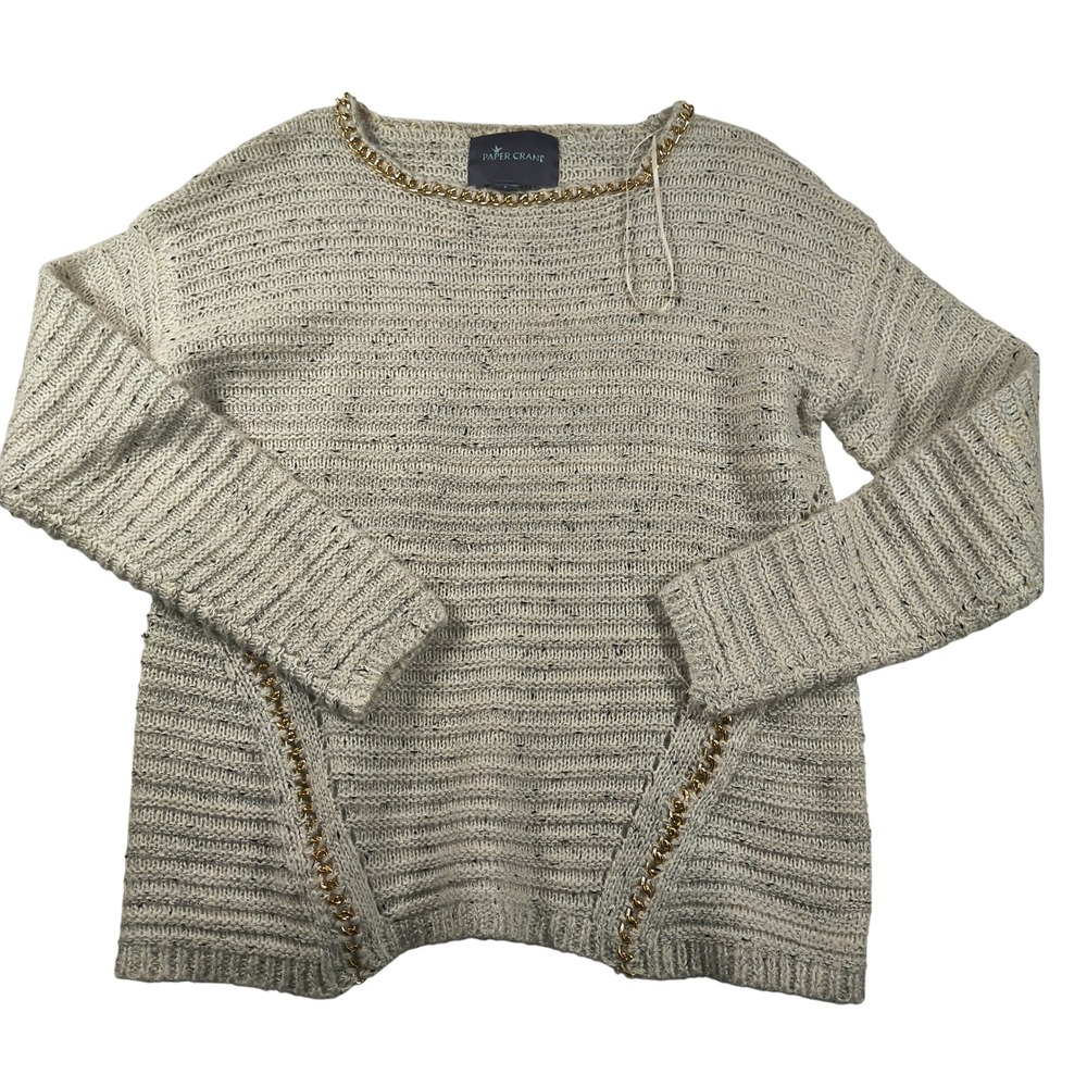 Paper Crane Sweater Gray  Knit Long Sleeve Metallic Gold Chain Trim Cozy Chic‎